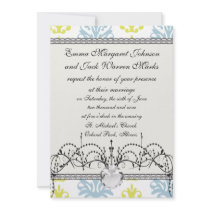 Chartreuse slate blue white damask personalized invite