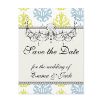 Chartreuse slate blue white damask postcard