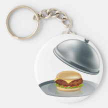 Cheese burger on silver platter keychain