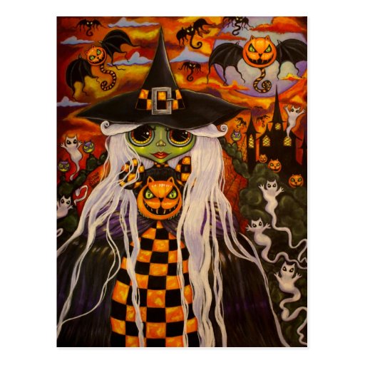 Chequerboard Witch Halloween Postcard