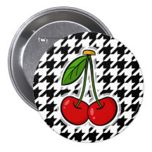 Cherries; Black & White Houndstooth Pinback Buttons