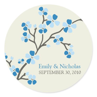Cherry Blossom Wedding Invitation Seal 2 blue Round Stickers by