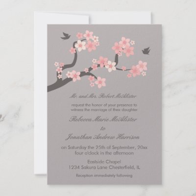 Cherry Blossoms Pink Grey Wedding Invitation by rumored