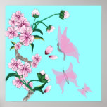 Cherry Blossoms with Pink Butterflies Poster posters
