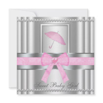 Chic Bowed Silver & Pink Baby Shower Invite