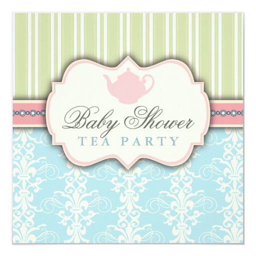 Chic Damask & Stripe Baby Shower Tea Invitation
