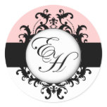 Chic French Black Monograms Damask Pink Labels Sticker