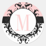 Chic French Wedding Monogram M Damask Pink Label Stickers