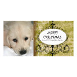 Chic Green Damask Dog Christmas Photo Card