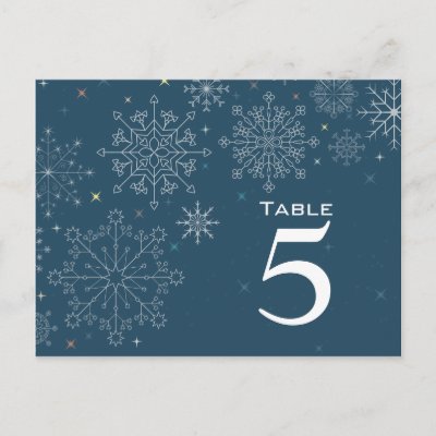 Chic navy blue snowflake wedding table number postcard by Jamene