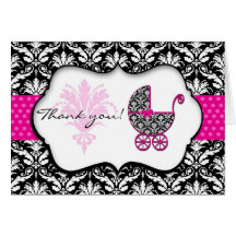 Chic Pink Polka Dot Damask Baby Shower Thank You Greeting Card