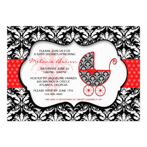 Chic Red Polka Dot Damask Baby Shower Invite