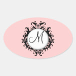 Chic Wedding Initial Damask Label Pink Oval Oval Stickers
