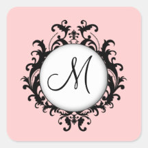 Chic Wedding Initial Damask Label Pink Square Square Sticker