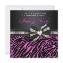 Chic Zebra Quinceañera Invite With Jewelled Bow