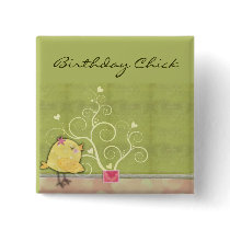 Chick and flower heart tree birthday chick pinback button