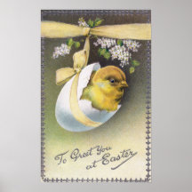 Chick in Hanging Eggshell Vintage Easter Print
