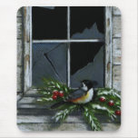 CHICKADEE: CHRISTMAS: OLD WINDOW mouse pad