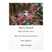 Chickadee on Branch with Red Berries Personalized Invitation