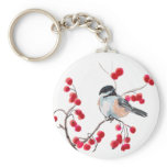 CHICKADEE & RED BERRIES by SHARON SHARPE keychains