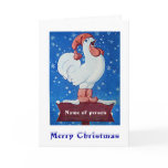 Chicken in red hat singing in Christmas snow card