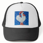 Chicken in red hat singing in Christmas snow hat