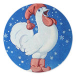 Chicken in red hat singing in Christmas snow tag stickers