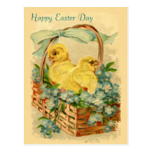 Chicks in a Basket Vintage Easter Postcard