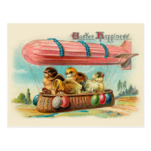Chicks in Pink Blimp Vintage Easter Postcard