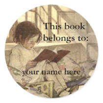 Child Reading Bookplate; Jessie Willcox Smith Round Sticker