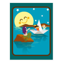 Children on a paper boat waving to a mermaid. post card