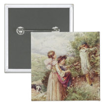 Children picking blackberries, 19th century pins