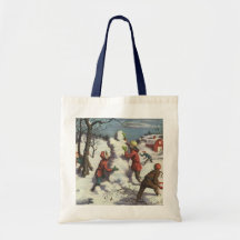 Children Playing in the Snow Building a Snowman Tote Bags