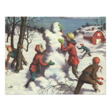 Children Playing in the Snow Building a Snowman Personalized Invite