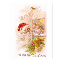 Children Spy Santa Outside Vintage Christmas Postcard
