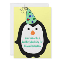 Childrens Penguin In Party Hat Birthday Party Invitations