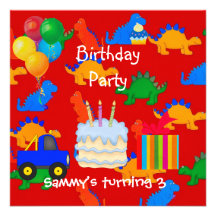 Child's Boy 3rd Birthday Party Dinosaur Red Custom Announcement