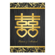 Chinese Gold / Blk  Double Happiness RSVP Cards Invite