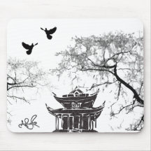 Chinese Pagoda, Painting Trees Dove Mouse Pad