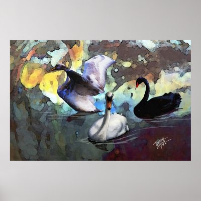 Chinese Watercolor Style Swans Swimming Print by tadlockart