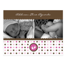 chocolate brown and pink birth announcement post cards
