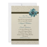 Chocolate Brown Cream And Teal Blue Flower Wedding Invitations