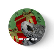 Christmas African Grey Parrot Holiday Button Pin