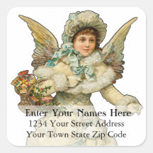 Christmas Angel With Basket Vintage Address Label Stickers