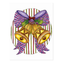 Christmas Bells with Ribbons, Bow and Holly Postcard