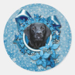 Christmas - Blue Snowflake - Labrador - Black Gaug Round Sticker