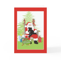 Christmas Card - Black Pit Bull Dog on Santa's Lap
