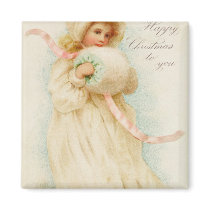 Christmas card depicting a girl with a muff fridge magnets