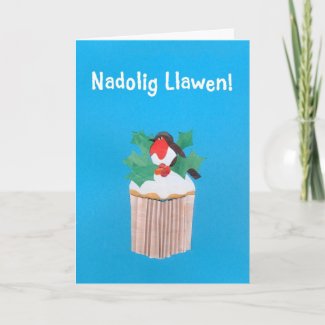 Christmas Card, Welsh, Cupcake with Robin card
