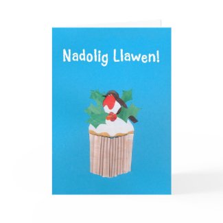 Christmas Card, Welsh, Cupcake with Robin card